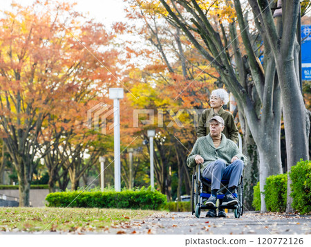 Senior couple: a man in a wheelchair walking down the sidewalk and his female companion 120772126