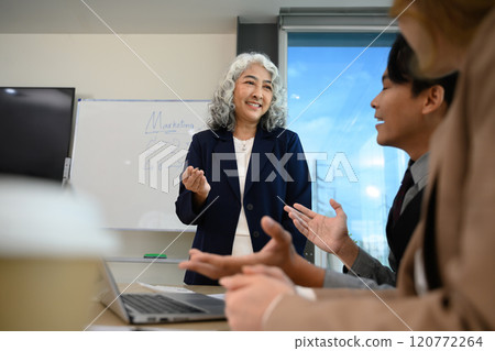 Senior businesswoman presenting marketing ideas to a group of colleagues at meeting 120772264