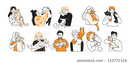 Happy people hug pets flat color linear icons collection 120772326