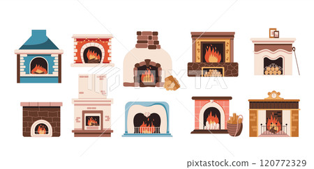 Fireplaces emitting coziness for winter vector objects Fireplaces emitting coziness for winter vector objects 120772329