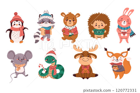 Cute animals in winter outfits flat color vector objects set Cute animals in winter outfits flat color vector objects set 120772331