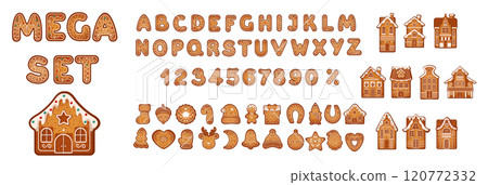 Gingerbread ABC digits and houses vector objects mega set 120772332