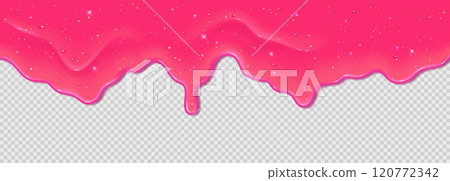 Realistic 3D dripping glossy pink slime with glitter isolated on a transparent background. 120772342