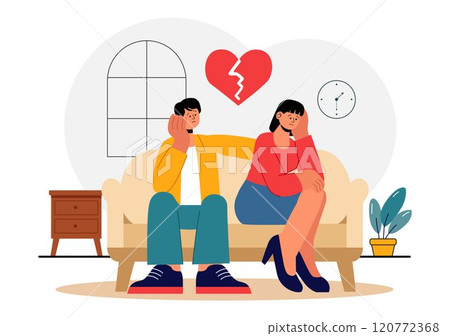 Relationship Tension Vector Illustration featuring a Young Couple Arguing and Sitting Separately, Expressing Disagreement in a Flat Cartoon Background 120772368