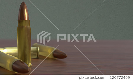 The Bullet on wood table for crime or weapon concept 3d rendering. 120772409