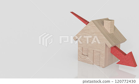 The Wood house and red arrow down for property or building concept 3d rendering. 120772430