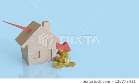 The Wood house and red arrow down for property or building concept 3d rendering. 120772431