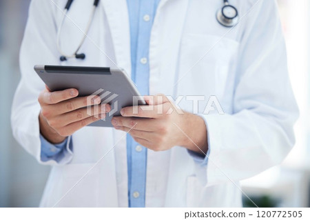 Healthcare, technology and hands of doctor with tablet online to review patient report, results and diagnosis. Medical worker with digital tech for insurance in hospital, clinic or health facility 120772505