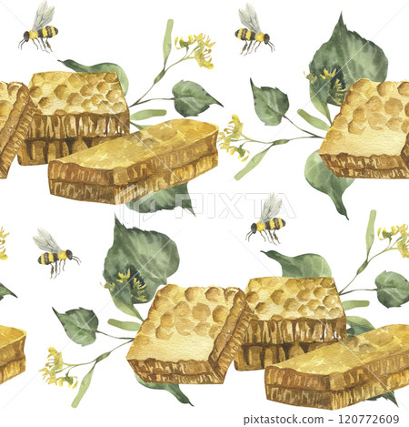 Organic honey seamless pattern with watercolor honeycomb slices, green linden leaves and flying bees. Hand drawn background with insects and sweet snack for fabric, textile and packing design 120772609