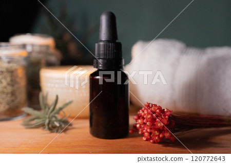 Essential oils with dry herbs for relaxation therapy.Concept of beauty spa. 120772643