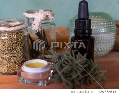 Essential oils with dead herbs for treatments.Concept of natural cosmetics . Essential oils with dead herbs for treatments.Concept of natural cosmetics . 120772644