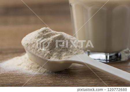 用量匙將蛋白質飲料倒入玻璃杯中 用量匙將蛋白質飲料倒入玻璃杯中 120772680
