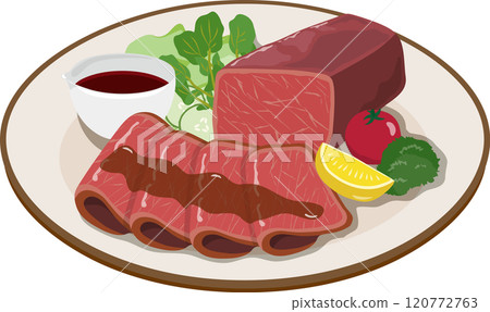 Roast beef with block on white plate 120772763