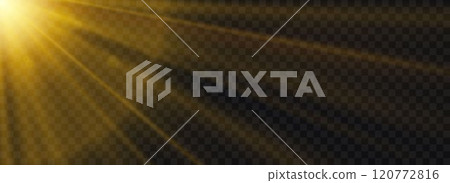 Sun light glare and leak background. Natural light sunburst scene wallpaper for banner, mockup, template, overlay, poster. Bright sunshine light rays and beams on dark backdrop. Vector 120772816