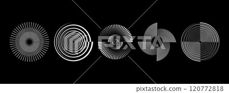 Radial spinning spiral pattern set. Rotating circle sound wave concepts. Circular speed line form collection. Abstract sunburst ray and beam design element for icon, badge, logo, tag, label. Vector 120772818