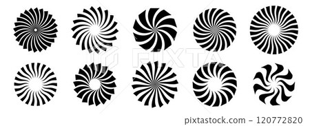 Set of black circle rotating rays and beams. Radial sunburst element pack. Round spinning swirls, stars, wheels and twirls pack. Illustration bundle for banner, badge, sticker, poster, logo. Vector 120772820
