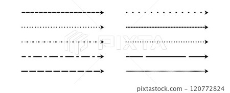 Black straight thin dashed arrow set. Long dotted arrows collection. Doodle sketched pointers and direction lines. Outline stripe element bundle for flyer, poster, brochure, booklet, banner. Vector Black straight thin dashed arrow set. Long dotted arrows collection. Doodle sketched pointers and direction lines. Outline stripe element bundle for flyer, poster, brochure, booklet, banner. Vector 120772824