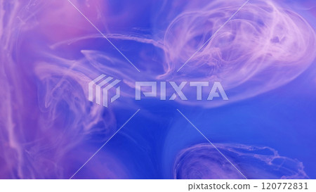 Atmospheric smoke. Sparkling water art. Defocused bright pink blue splash paint ink mist cloud moving on abstract blue background. Atmospheric smoke. Sparkling water art. Defocused bright pink blue splash paint ink mist cloud moving on abstract blue background. 120772831