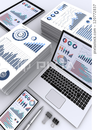 Image of a laptop, smartphone and a pile of business documents, building a business strategy and analyzing data 120772837