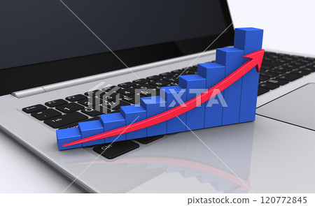 筆記型電腦和上升的 3D 圖、業務成長圖像 筆記型電腦和上升的 3D 圖、業務成長圖像 120772845