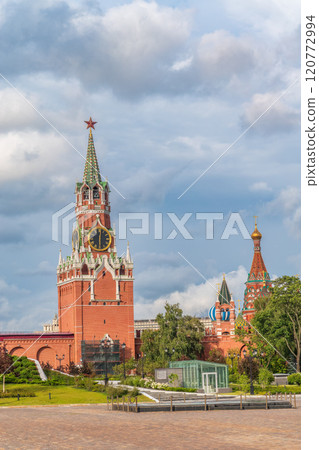 Spasskaya Tower viewed inside Kremlin, Moscow, Russia. Spasskaya Tower viewed inside Kremlin, Moscow, Russia. 120772994