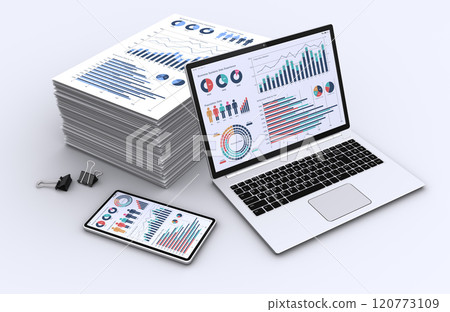 筆記型電腦、智慧型手機、一堆商業文件、業務策略建構和數據分析的圖像 120773109