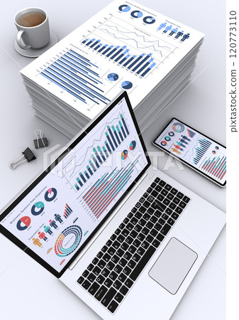 Image of a laptop, smartphone and a pile of business documents, building a business strategy and analyzing data 120773110