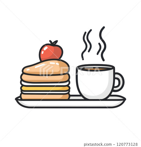 Bold Breakfast Illustrated Icon with Coffee Cup and Pancake Stack 120773128