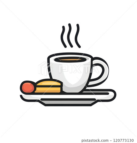 Bold Breakfast Themed Coffee Cup and Pastry Icon with Thick Outlines 120773130