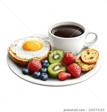 Colorful Breakfast Spread with Coffee Cup and Fresh Fruits on Plate 120773153