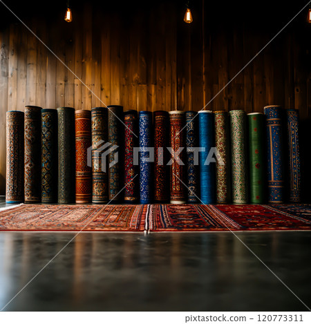 Colorful Rugs Displayed on a Studio Floor Against a Wooden Wall 120773311