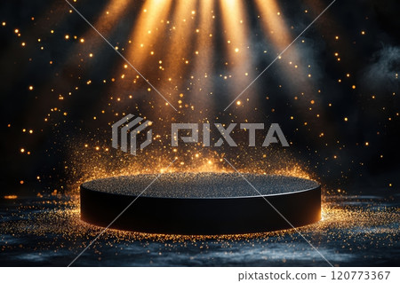 Black podium illuminated with spotlight and gold sparkles  120773367