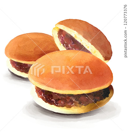 Hand-drawn illustration of three dorayaki in a row 120773376