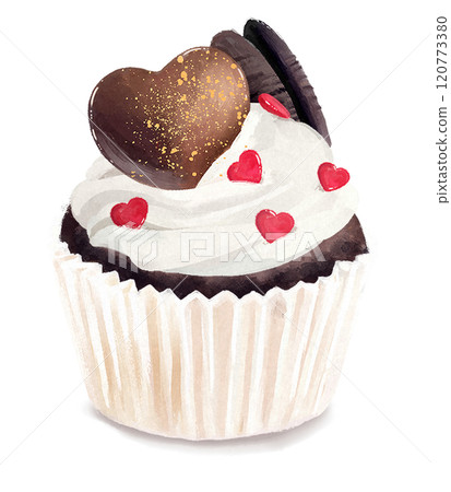 Hand-drawn illustration of a cupcake decorated with hearts 120773380