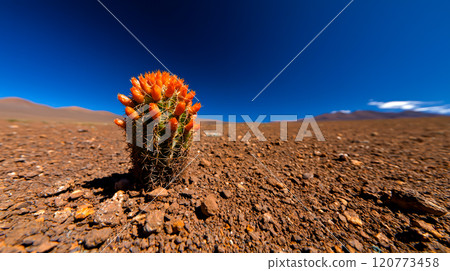 Vibrant Cactus Blooming Against Bright Blue Desert Sky Vibrant Cactus Blooming Against Bright Blue Desert Sky 120773458