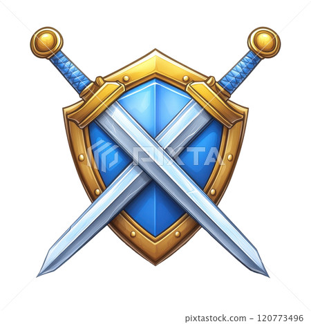 Crossed Swords Icon with Shield Background Depicting a Heraldic Knight Emblem Crossed Swords Icon with Shield Background Depicting a Heraldic Knight Emblem 120773496