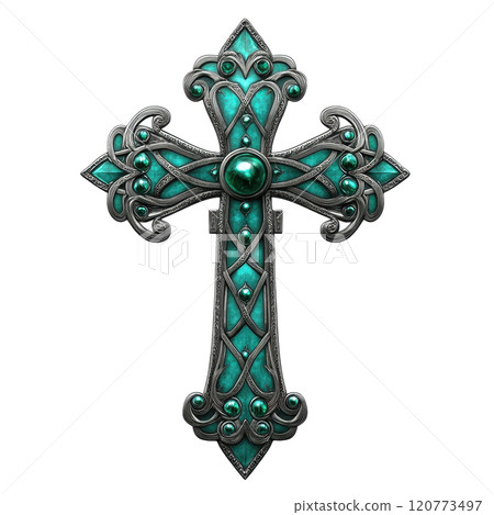 Elegant Celtic Cross Icon with Emerald Green Accents and Ornate Details Elegant Celtic Cross Icon with Emerald Green Accents and Ornate Details 120773497