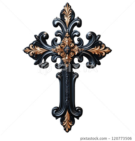 Ornate 3D Decorative Cross Icon with Shadows and Detailed Carving Ornate 3D Decorative Cross Icon with Shadows and Detailed Carving 120773506