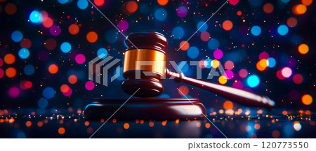 Gavel on Sound Block with Colorful Bokeh Lights as Background 120773550