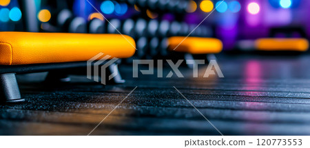 Fitness Gym Interior with Orange Bench and Colorful Background Lights Fitness Gym Interior with Orange Bench and Colorful Background Lights 120773553