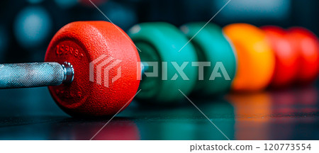 Vibrant Colorful Dumbbells Arranged Neatly on a Dark Surface Vibrant Colorful Dumbbells Arranged Neatly on a Dark Surface 120773554