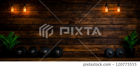 Elegant Home Gym Interior with Weights and Rustic Wooden Wall 120773555