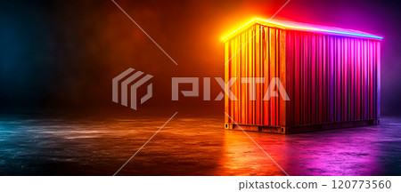 Colorful Neon Shed in Dark Environment with Vibrant Light Effects 120773560