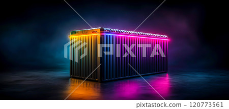 Colorful Neon Lighted Cargo Container in Dark Environment 120773561
