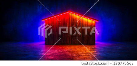 Vibrant Neon Lit Wooden Cabin Against a Dark Background 120773562