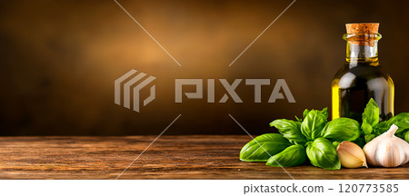 Fresh Basil and Garlic with Olive Oil on Rustic Wooden Table 120773585
