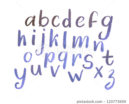Hand-painted watercolor lowercase alphabet in artistic purple and blue 120773609