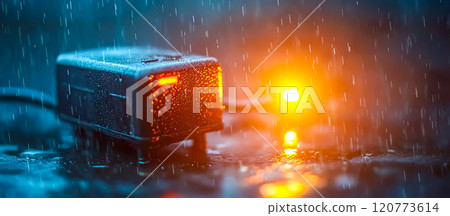 Rainy Night Scene with Wet Surface and Glowing Orange Light 120773614