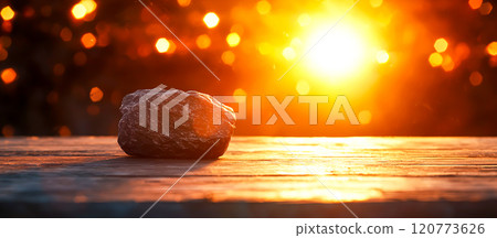 Sunset Glow on a Single Rock Against a Shimmering Background 120773626