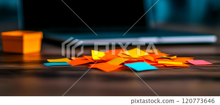 Colorful sticky notes scattered on wooden desk near laptop 120773646